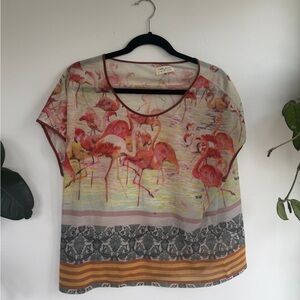 Anthropologie Flamingo Print Short Sleeve Top - Pink and Orange